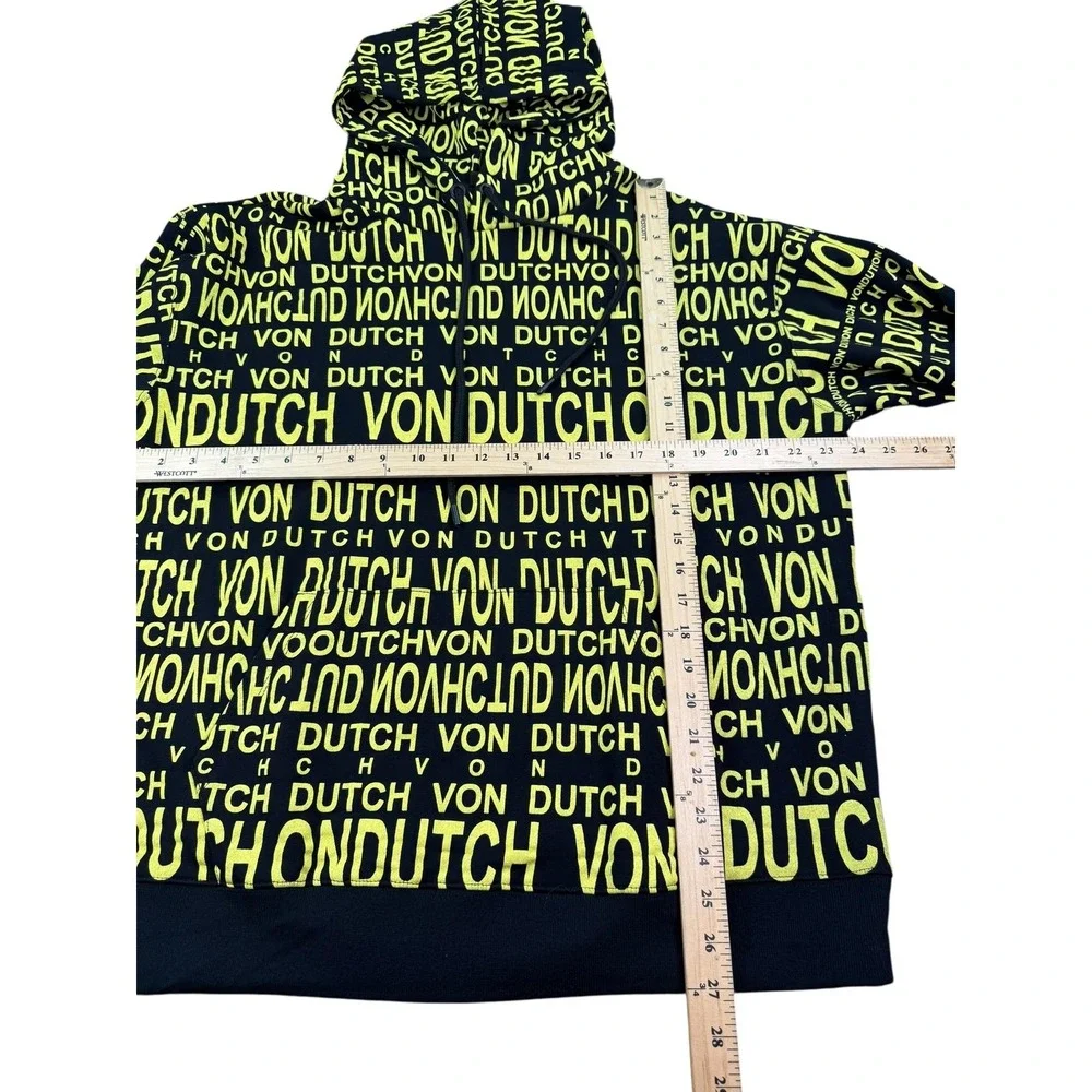 Von Dutch Hoodie Mens Large Black Yellow All Over Logo Print Full Zip Paris - Picture 5 of 5